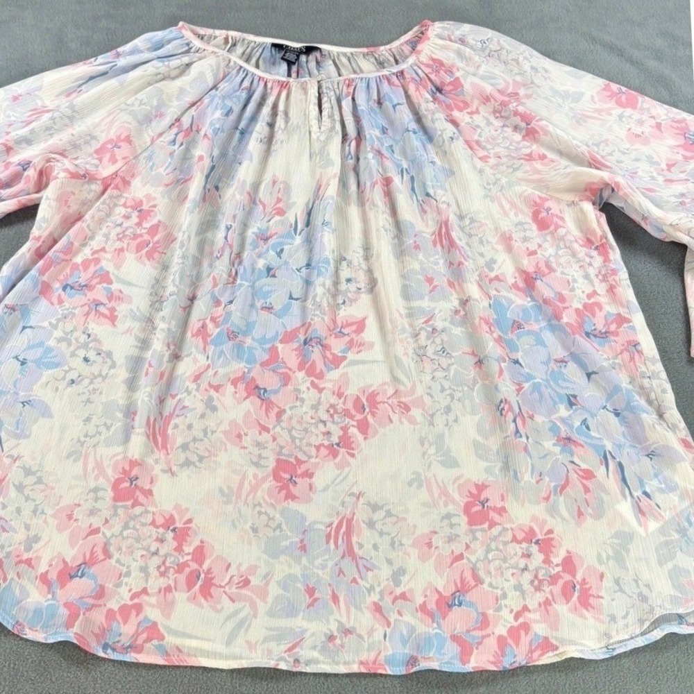 Chaps Womens XL Floral Tiered Bell Sleeve Blouse Cream Pink Blue W2110C16Q